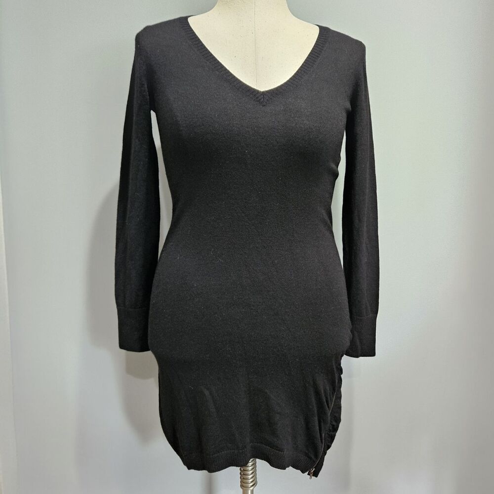 Banana Republic Merino Wool Black V-Neck Sweater Dress Long Sleeve Side Zipper M